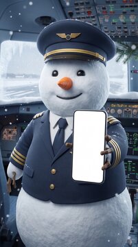Snowman pilot in uniform holding smartphone with blank screen in airplane cockpit, winter travel and aviation advertising mockup template