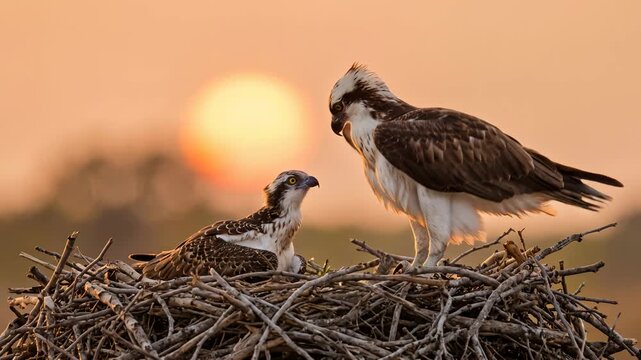 osprey feeding her little one at sunset light on the nest in florida usa video