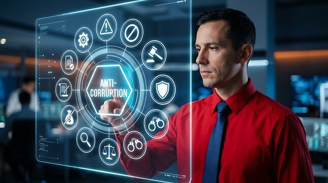 Businessman interacting with a digital holographic display interface featuring anti-corruption icons