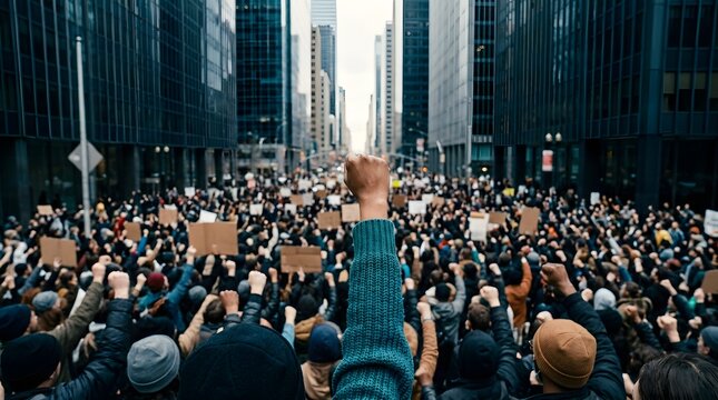 Large crowd of protesters marching in a city street with many people raising their fists in solidarity and support
