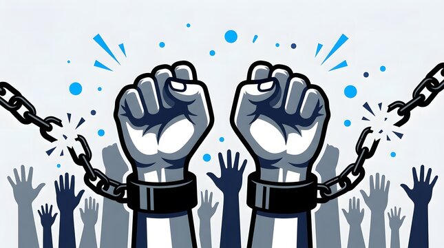 Broken chains on raised fists representing freedom and liberation from oppression isolated on white background