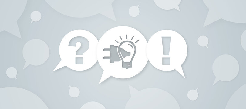 FAQ web graphic with question mark, lightbulb idea, and exclamation mark speech bubbles on grey background representing help, support, and problem solving solutions