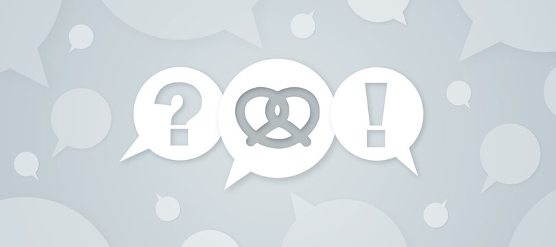 FAQ speech bubbles graphic with question mark, pretzel, and exclamation point symbol on a light background for website sections and information help concepts.