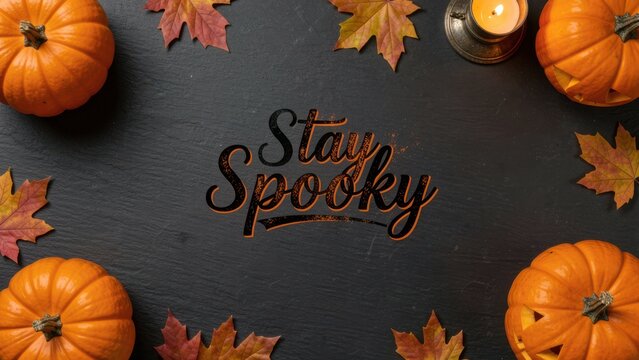 stylish halloween stationery flat lay on dark slate with spooky typography accents for seasonal advertising
