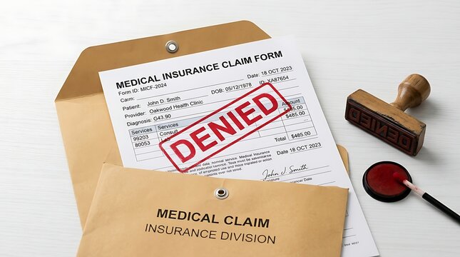 Denied Medical Insurance Claim Form with Stamp and Ink Pad