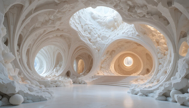Futuristic white organic cave interior with circular arches and soft