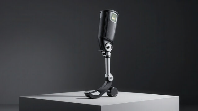 High-end product photograph of a modern lower-limb prosthetic leg displayed on an architectural pedestal, highlighting advanced medical engineering and design.