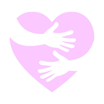 Minimalist self love concept, Hands hugging a pink heart. Vector illustration