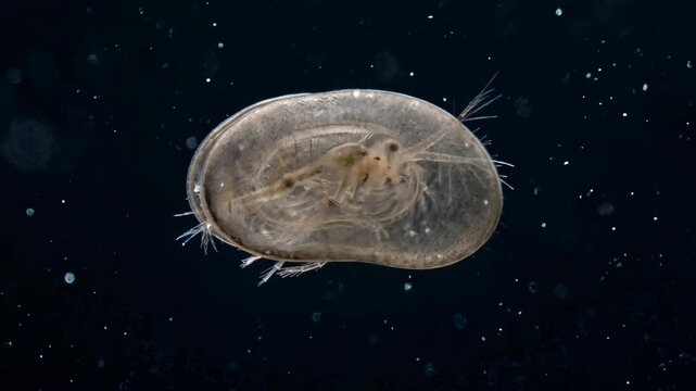 ostracod close up isolated on underwater black background video