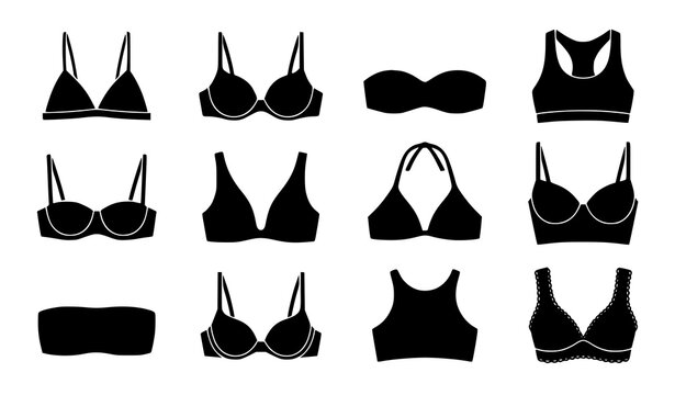 black female bra silhouettes and undergarment icons featuring diverse lingerie styles like bralette racerback strapless halter and pushup underwear isolated on white background