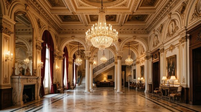A grand, opulent ballroom showcases a long, marble hallway with a sweeping staircase.