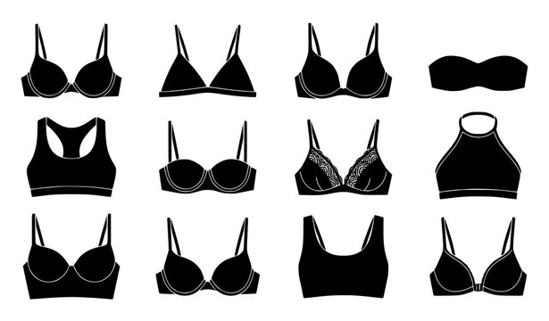 Vector collection of various women black bra silhouettes and lingerie icons including sports bra strapless bralette and pushup underwear styles isolated on white background