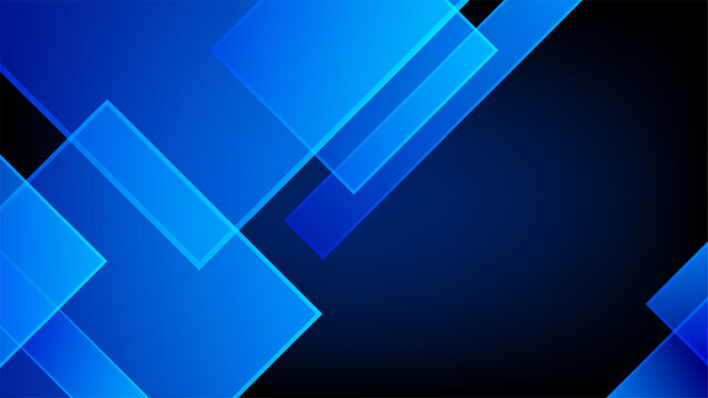 Abstract modern blue geometric background with translucent overlapping squares and rectangles over dark gradient backdrop, technology and futuristic digital presentation
