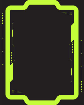 Vertical technology futuristic sci fi HUD frame with neon lime green geometric borders and digital data lines on a dark background for game creators to build striking cyber graphics