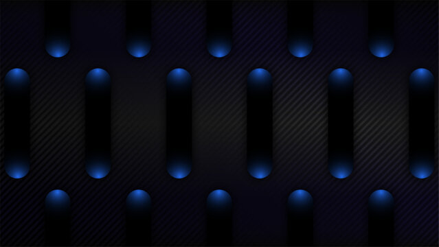 Dark abstract technology background with glowing blue light vertical pill shapes and carbon texture, futuristic digital wallpaper and modern cyber header design