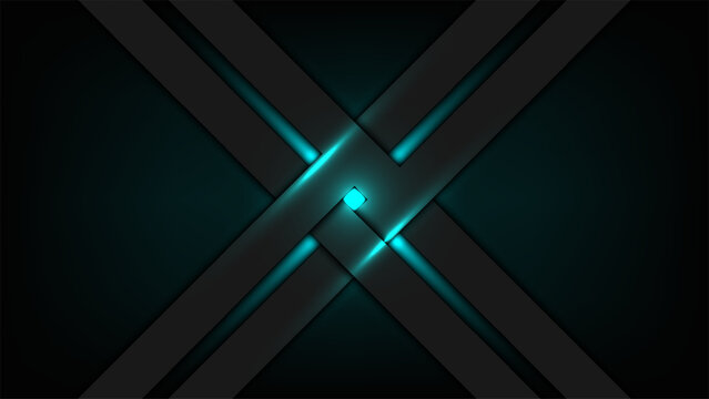 futuristic digital vector design sleek dark gray metallic geometric stripes crossing in x shape with blue turquoise neon glowing lights, modern tech backgrounds