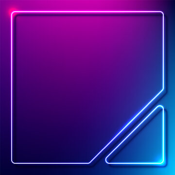 Futuristic neon frame glowing bright pink purple and cyan blue on a dark gradient background in a night club digital display, tech modern cyberpunk aesthetic