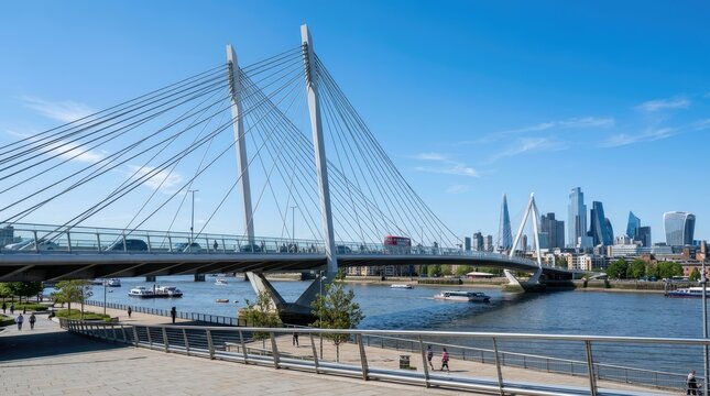 A modern suspension bridge spans the River Thames in London. The bridge features a white deck and prominent cable-stayed supports.