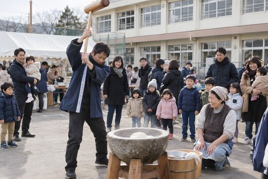 地域の行事で餅つきをする人たちと見物する家族