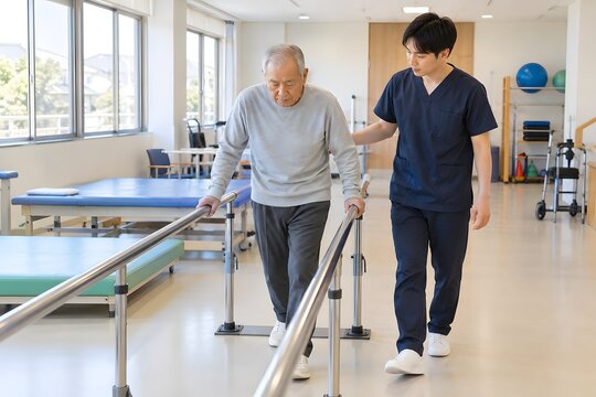 リハビリ室で平行棒を使って歩く高齢の男性と理学療法士