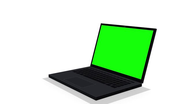3D animation of a modern black laptop computer with a blank green screen for chroma key mockup, isolated on a clean white background.