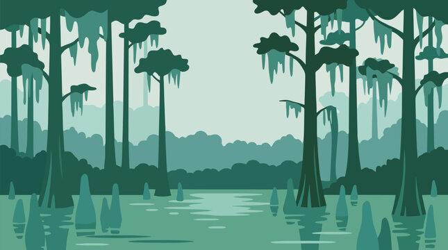 Stylized vector illustration of a peaceful swamp landscape featuring tall cypress trees with hanging moss and reflections in the calm water.