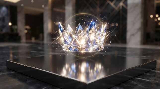 A shimmering, translucent crystal crown floats above a dark, reflective pedestal. The crown is composed of intricate geometric shapes and light beams, creating a dynamic and ethereal effect.