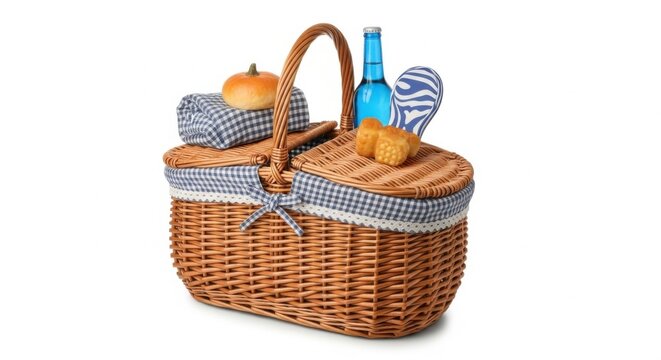 World food day picnic basket with bread and drink on white background