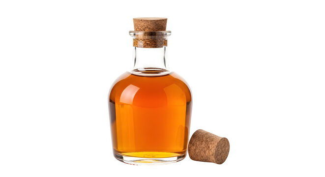 Glass bottle of amber maple syrup or organic honey with a wooden cork stopper isolated on a clean transparent background