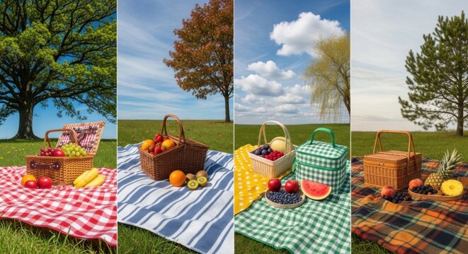World food day picnic baskets with fresh fruit on blankets in nature
