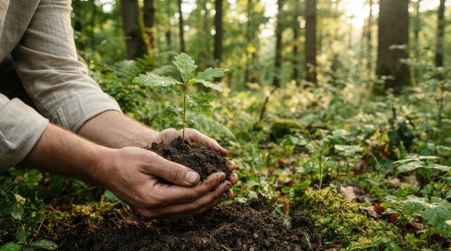 A person carefully plants a small oak sapling in the forest floor. The individual's hands cradle the seedling, gently covering its roots with soil.