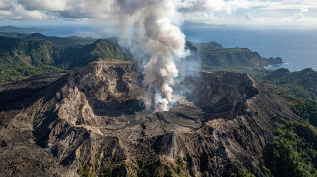 A volcanic eruption dominates the image, showcasing a massive plume of white and gray smoke billowing from the summit of a dark, rugged volcano.