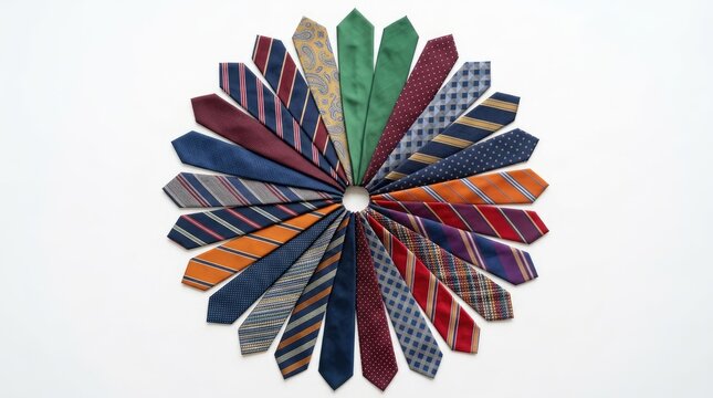 A collection of colorful neckties arranged in a radial pattern. The ties display a variety of patterns and colors, including stripes, paisley, polka dots, and checks.