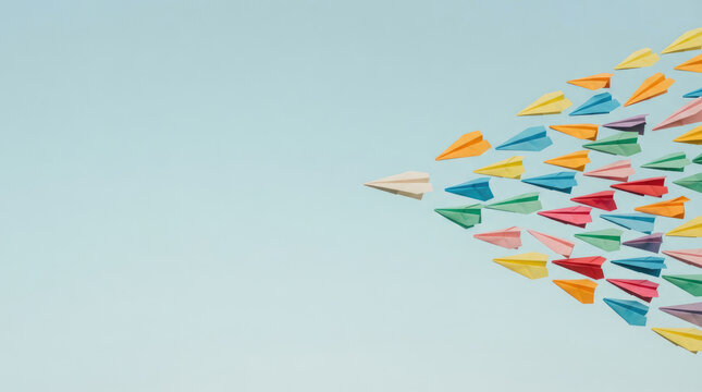 Many colorful paper airplanes float against a light blue sky. The airplanes are arranged in a diagonal line, suggesting movement and flight.