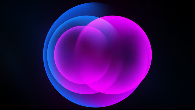 Abstract glowing orbs overlap, creating vibrant blue, pink hues. Dark background emphasizes luminosity, smooth gradients present.