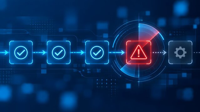 Digital workflow pipeline interface showing a sequence of successful tasks interrupted by a red warning alert symbolizing a system error