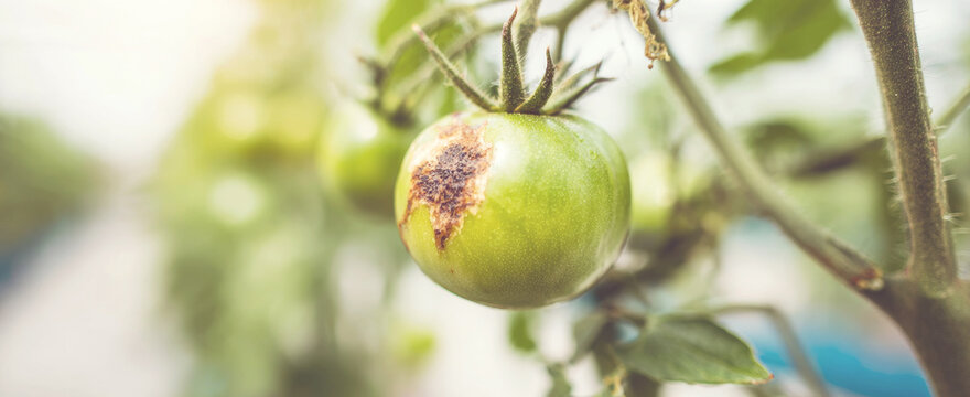 Green tomato showing disease spot, plant suffering from blight causing crop damage and rot