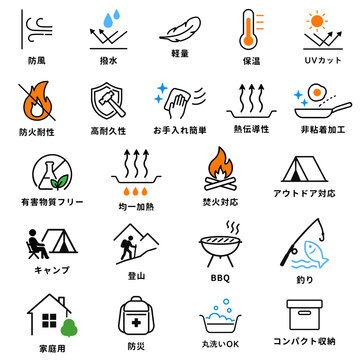 アウトドアやキャンプ、調理器具の機能を示すアイコン素材セット Set of icons showing features for outdoor, camping, and cookware