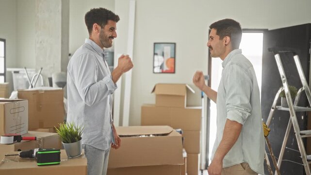 Two young men smiling fist bump with bare hands over packed moving boxes and ladder in a bright building interior; teamwork joy.