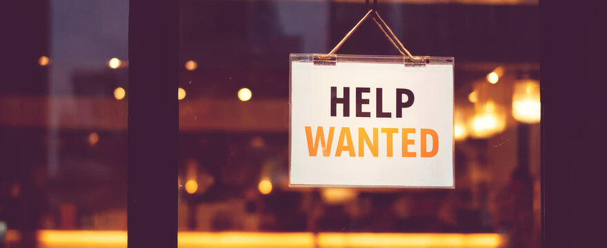 Help wanted sign displays, showing a call for new staff and job seekers for a local business establishment