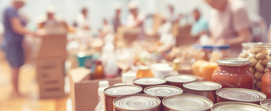 Volunteers coming together to collect and organize canned goods and essential items, aiding a food pantry for those in need