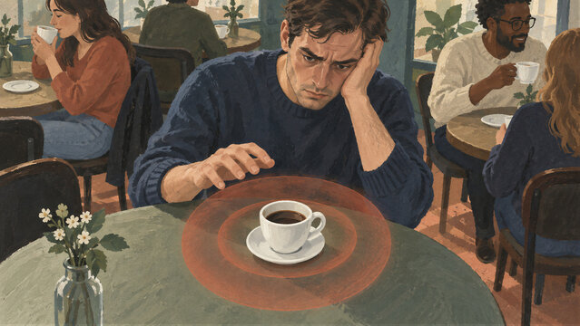 Worried man sitting alone at a cafe table with untouched coffee. Other patrons socialize in the background. Loneliness and social isolation. Mental wellbeing and emotional distress
