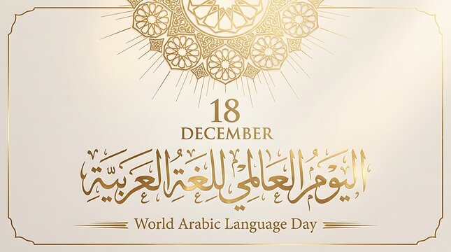 World arabic language day card with gold ornate border and circular arabesque pattern arabic script gold foil