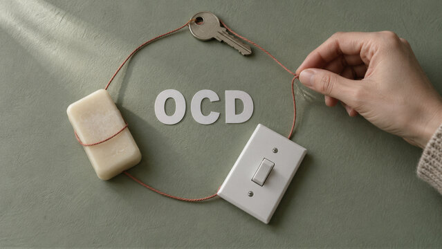Hand arranging a key, soap and light switch around OCD lettering. Obsessive compulsive disorder awareness. Mental health and anxiety concept. Compulsive behavior and treatment