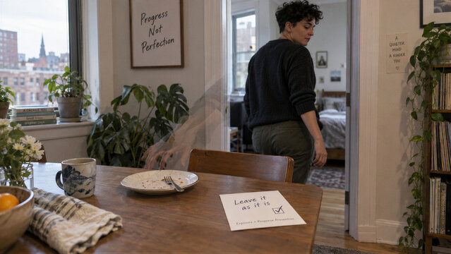 Person practicing exposure and response prevention at home, leaving dishes on table. OCD therapy and anxiety treatment. Mental health recovery, behavioral therapy and acceptance concept