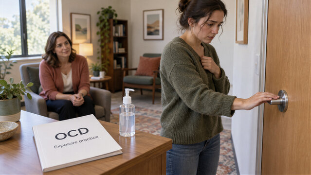 Woman with OCD practicing exposure therapy by touching a door handle. Therapist observes in a counseling office. Mental health treatment and anxiety support. Cognitive behavioral therapy