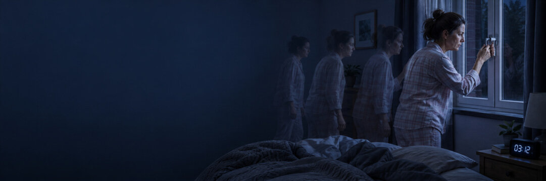 Woman awake at night checking window in bedroom with ghosted motion trail. Insomnia and sleep disruption concept. Anxiety, fatigue and restless night. Sleep health and wellness
