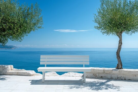 Wooden bench on summer white stone terrace and olive tree. Stunning sea view background, summer vacation concept. Created with, Generative AI