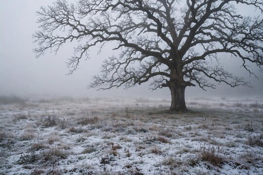 Lone leafless oak tree standing in foggy winter meadow with mist