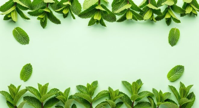 Fresh mint leaves frame a pale green background. The mint leaves are arranged in a decorative border, with some leaves scattered across the surface.